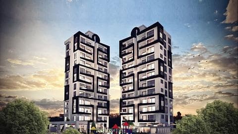 Modernus bokštas dvynys, įsikūręs Long Beach, Kipro saloje — 1/15